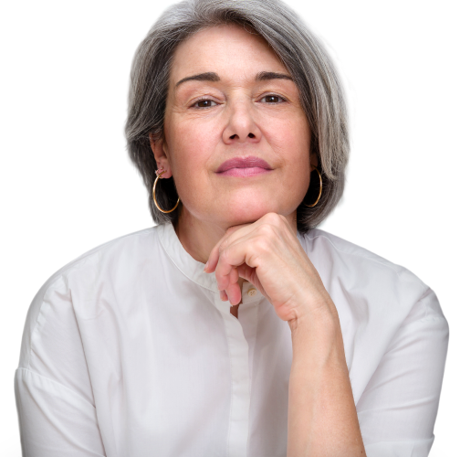 A woman in a white shirt with her hand on her chin