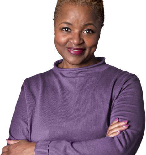 A woman in a purple sweater with her arms crossed