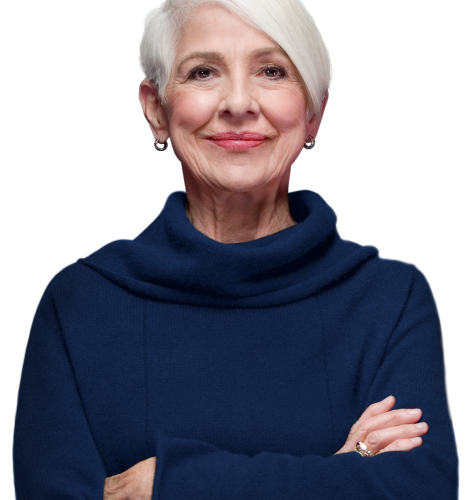 A woman in a blue sweater with her arms crossed