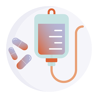 Illustration of an IV bag and pills
